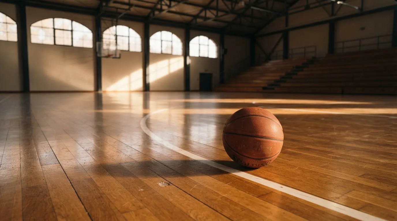 Ein Basketball liegt auf dem Parkett einer leeren Halle, Licht fällt durch hohe Fenster.