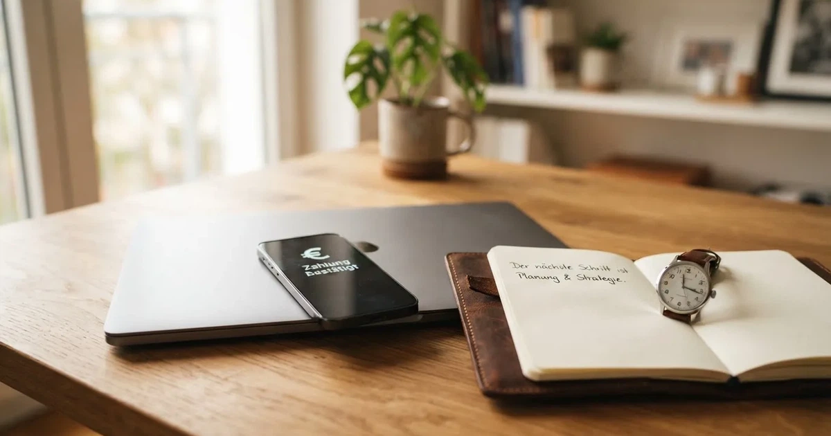 Ein Laptop mit geschlossenem Deckel, ein Notizblock und eine Armbanduhr liegen auf einem Schreibtisch in sachlichem Tageslicht.
