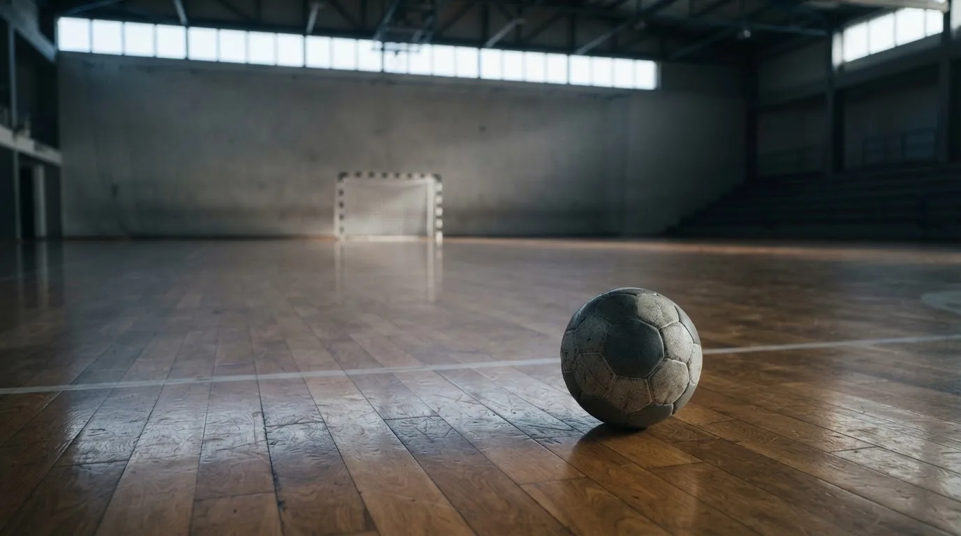 Ein Handball liegt in einer leeren Halle auf dem Boden vor dem Tor.