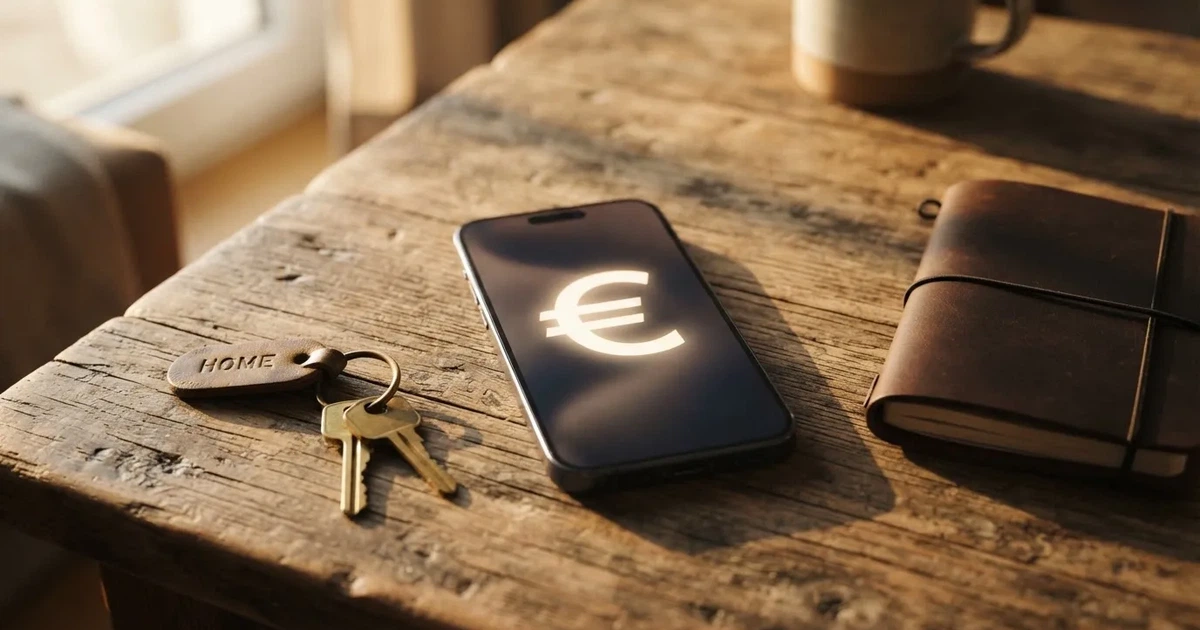 Ein Handy mit abgedunkeltem Display, ein Schlüsselbund und ein Notizblock liegen auf einem Holztisch.