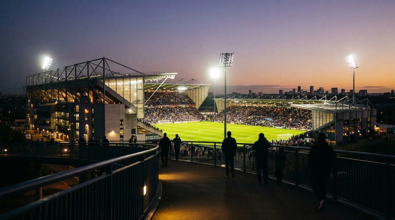 Ein Stadion bei Dämmerung mit eingeschalteten Flutlichtmasten, von einer Brücke aus aufgenommen.