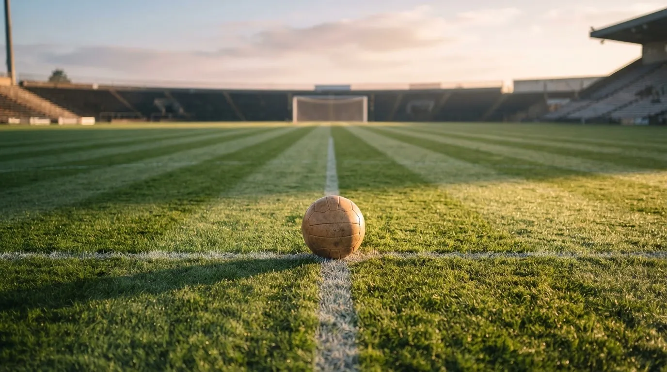 Ein Fußball liegt auf dem Anstoßkreis eines leeren Rasenplatzes im frühen Morgenlicht.
