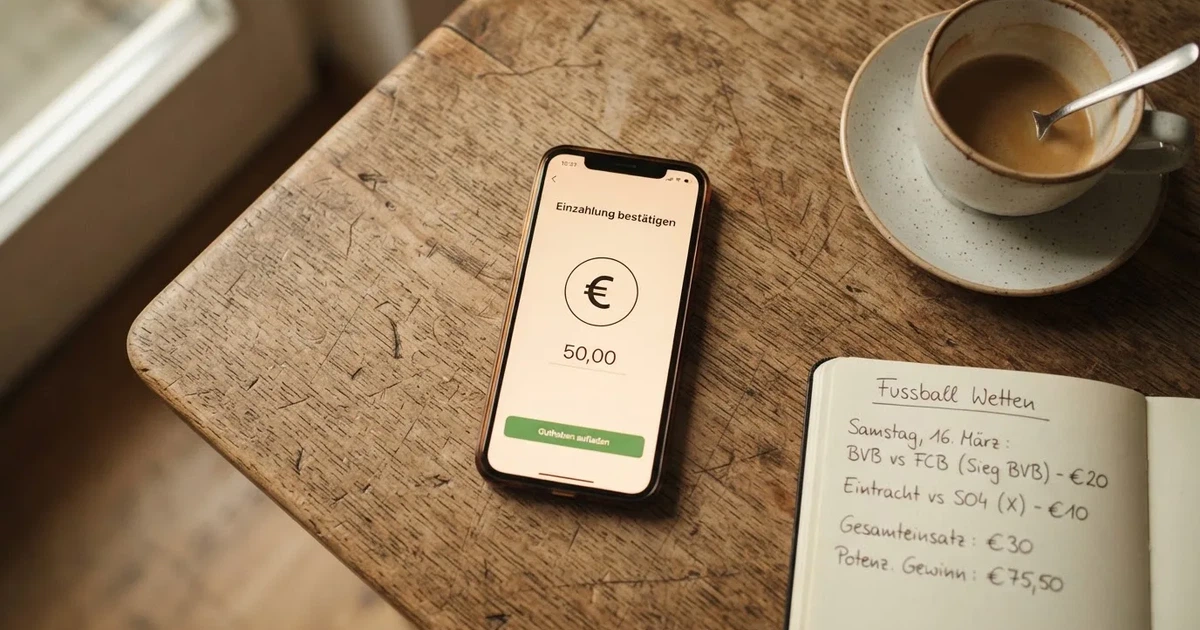 Ein Smartphone mit dunklem Display liegt neben einer Kaffeetasse und einem Notizbuch auf einem Küchentisch.