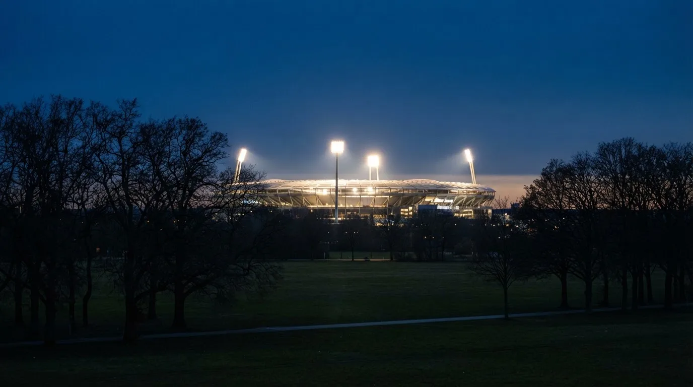 Ein Stadion unter Flutlicht aus großer Entfernung, davor die Silhouetten von Bäumen im Abendhimmel.