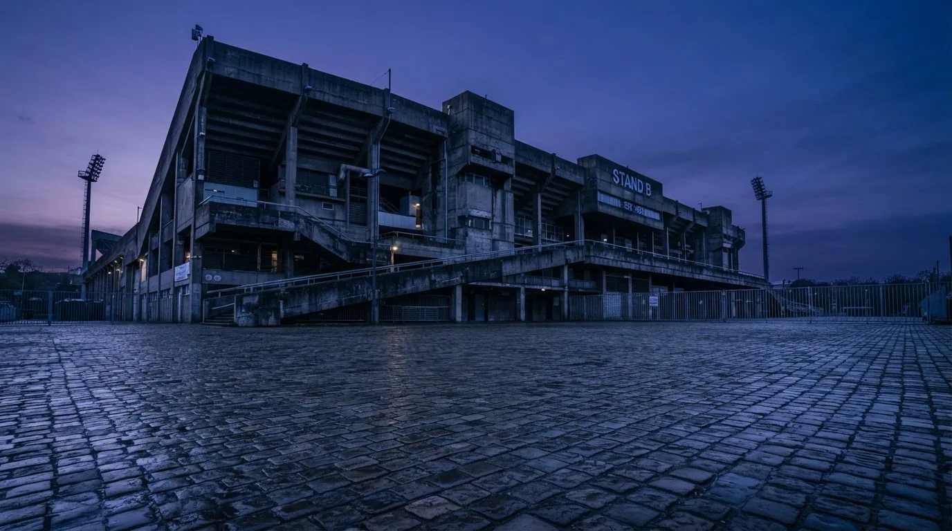 Die Rückseite einer Tribüne bei Dämmerung, davor ein menschenleerer Vorplatz mit Pflastersteinen.