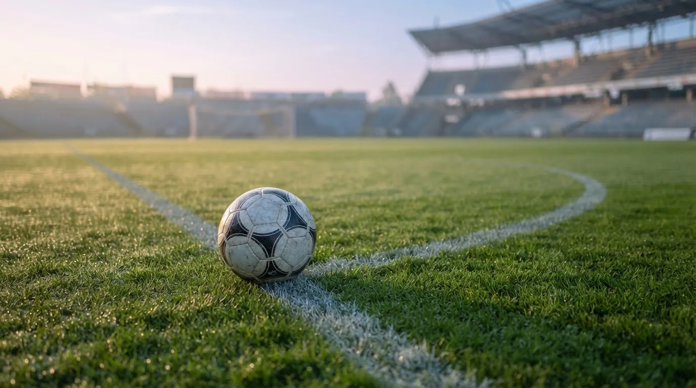 Ein Fußball auf dem Rasen vor einem leeren Tor im frühen Morgenlicht.