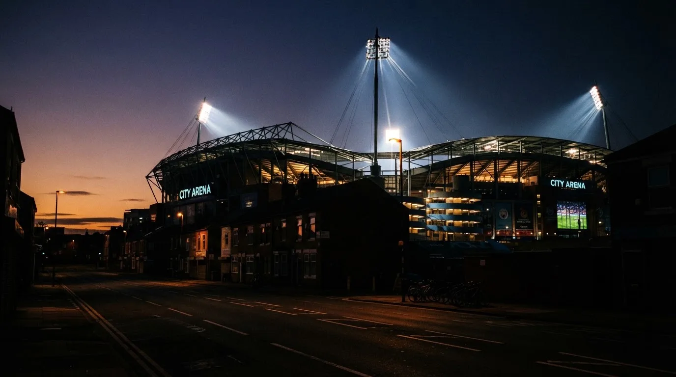 Ein Stadion aus der Ferne bei Flutlicht, davor eine ruhige Straße in der Abenddämmerung.