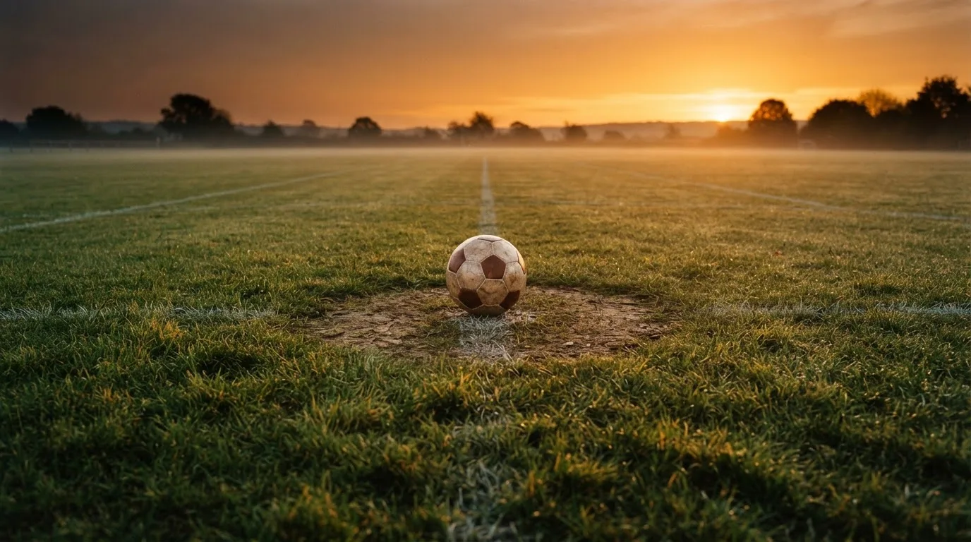 Ein Fußball liegt in der Mitte eines leeren Rasenplatzes, am Horizont färbt sich der Himmel orange.