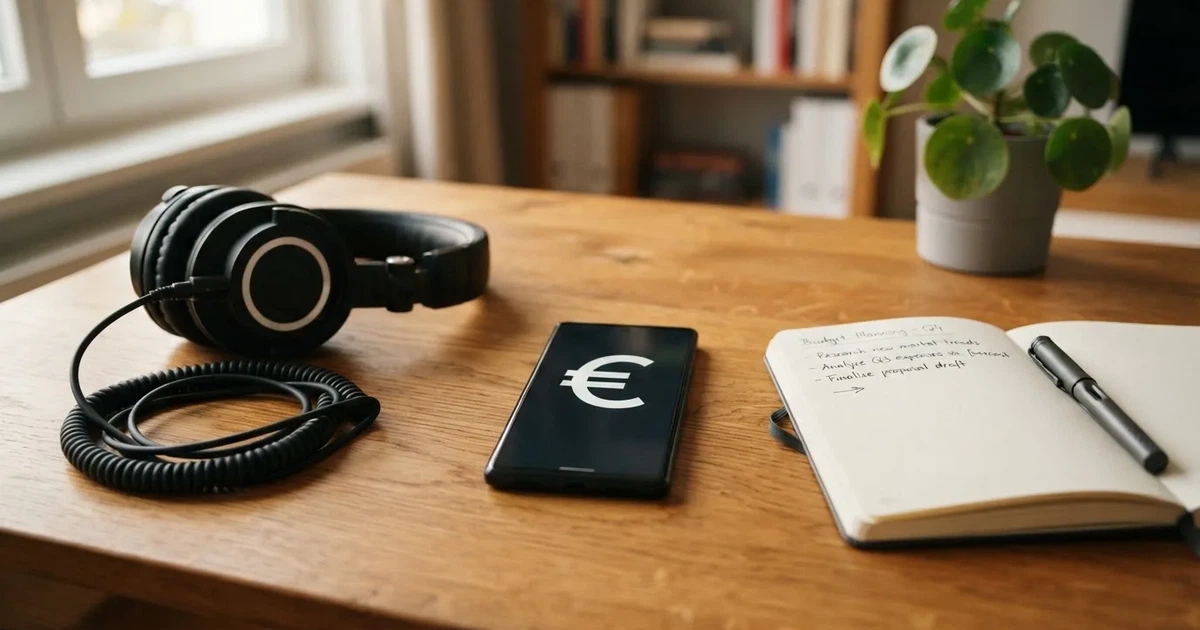 Ein Smartphone mit schwarzem Display liegt neben Kopfhörern auf einem Schreibtisch, daneben ein aufgeschlagenes Notizbuch.