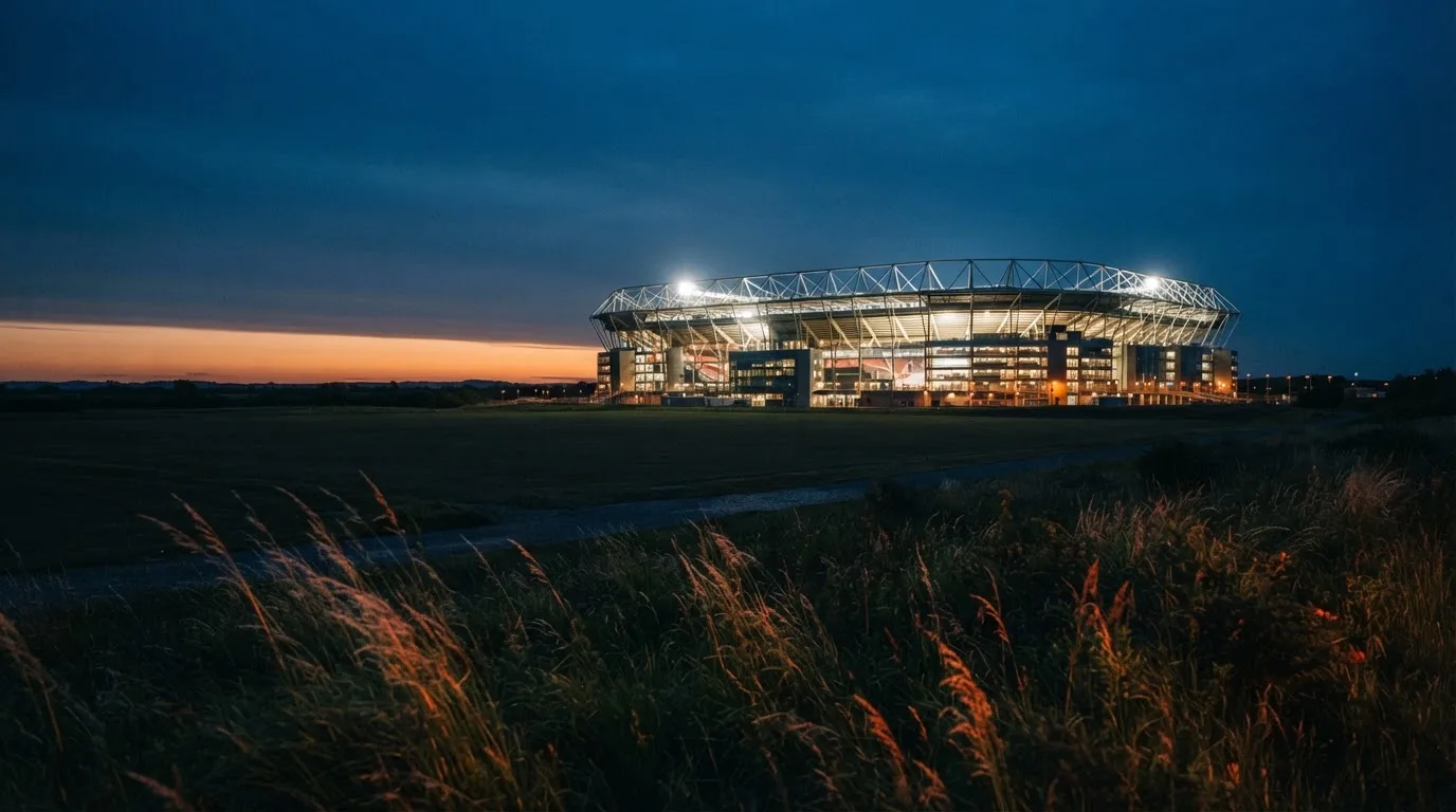 Ein hell beleuchtetes Stadion aus der Ferne in der Dämmerung, im Vordergrund ein Feld mit hohem Gras.