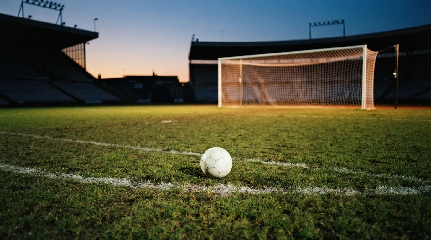 Ein Fußball liegt im Strafraum eines leeren Platzes, dahinter die Netze des Tores im Abendlicht.