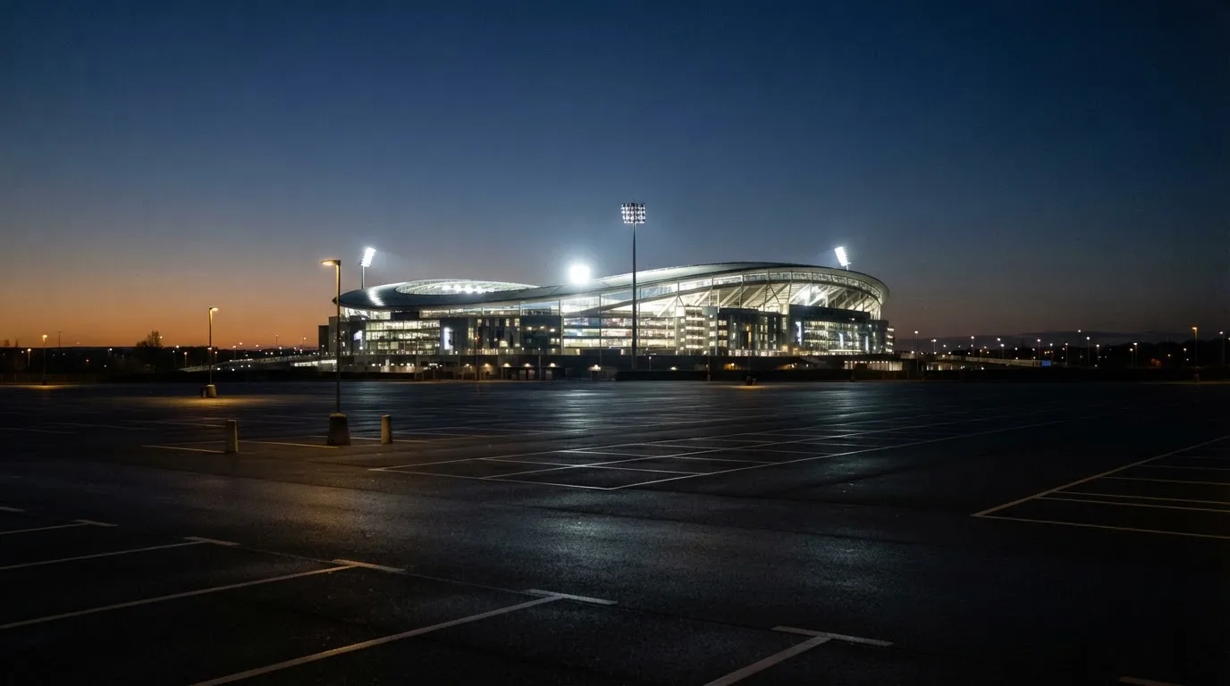Ein Stadion unter Flutlicht aus großer Entfernung bei Einbruch der Dunkelheit, davor ein stiller Parkplatz.