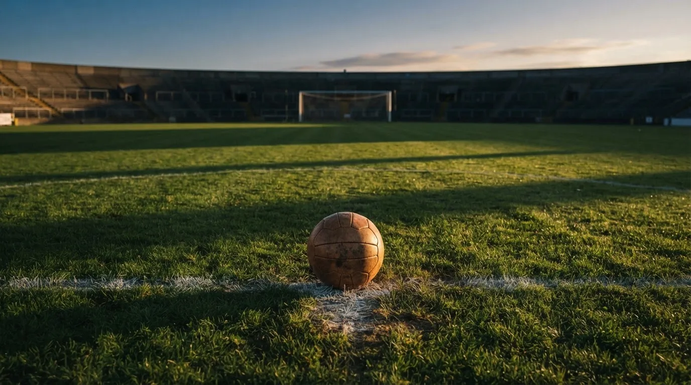 Ein Fußball liegt auf dem Elfmeterpunkt eines leeren Platzes im Abendlicht.