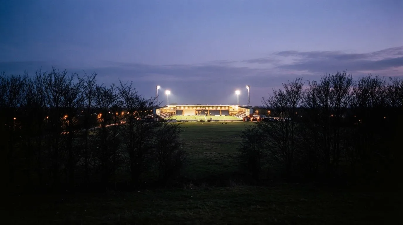 Ein Stadion unter Flutlicht, aus großer Entfernung gesehen, davor eine Reihe kahler Bäume im Dämmerlicht.