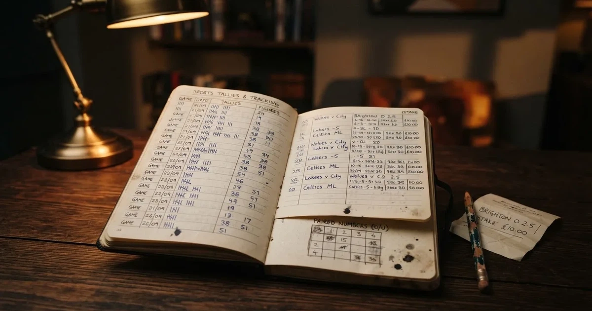 Ein Notizbuch mit handschriftlichen Zahlenreihen und Strichlisten liegt neben einem Taschenrechner auf einem Schreibtisch.