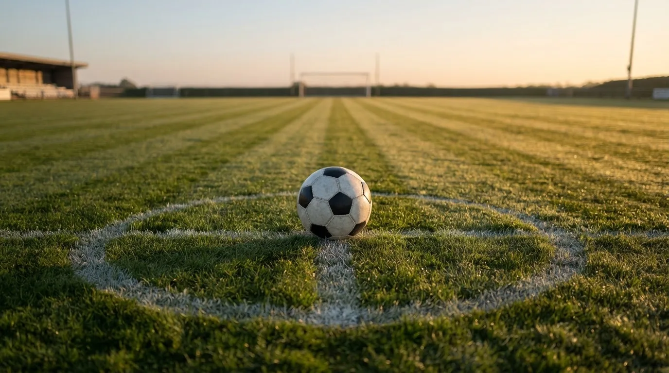 Ein Fußball auf dem Mittelkreis eines leeren Rasenplatzes im frühen Morgenlicht.