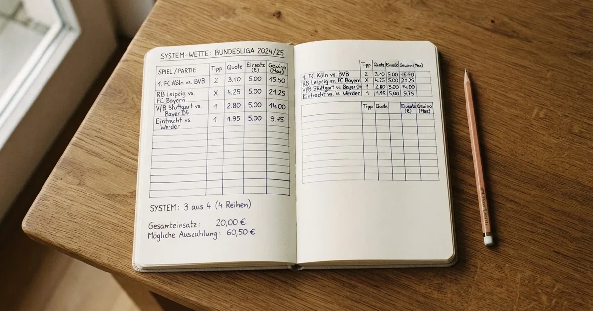 Ein Notizbuch mit handschriftlichen Zahlenreihen und Kästchen liegt neben einem Taschenrechner und einem Bleistift auf einem Schreibtisch.