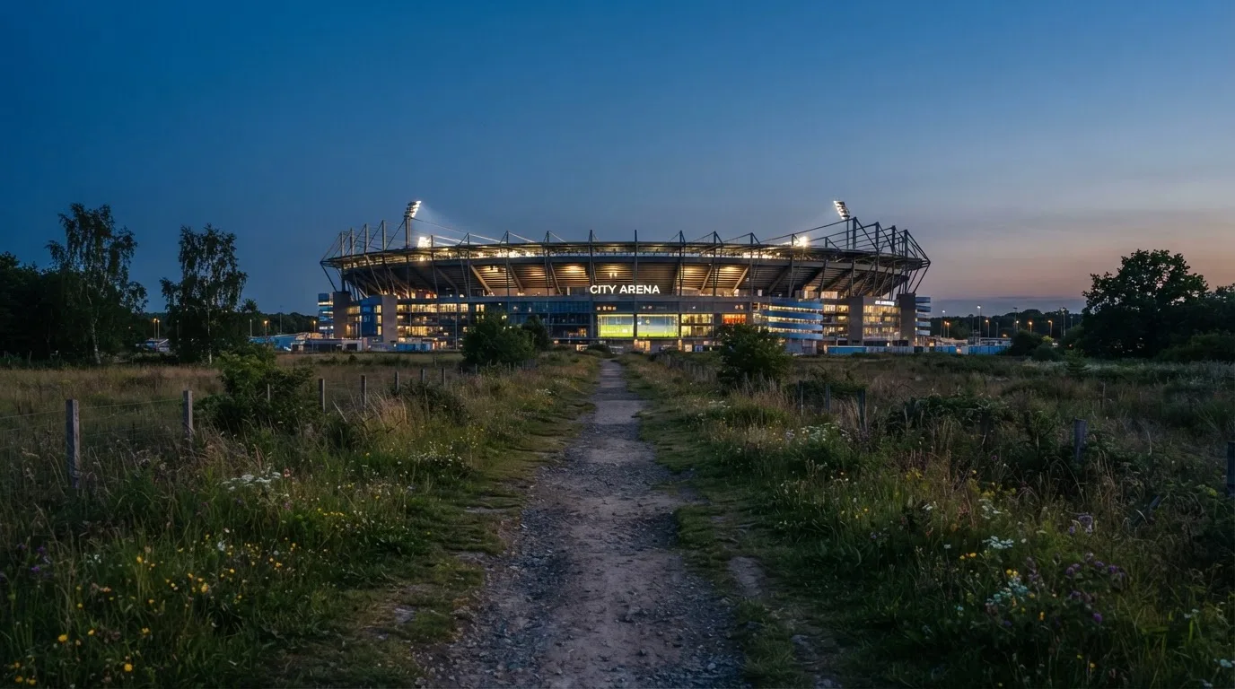 Ein beleuchtetes Stadion aus großer Distanz am Abend, im Vordergrund ein Feldweg.