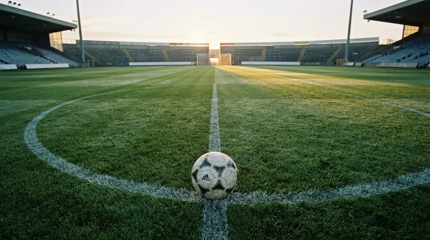 Ein Fußball liegt am Rand des Mittelkreises auf einem leeren Rasenplatz bei Sonnenaufgang.