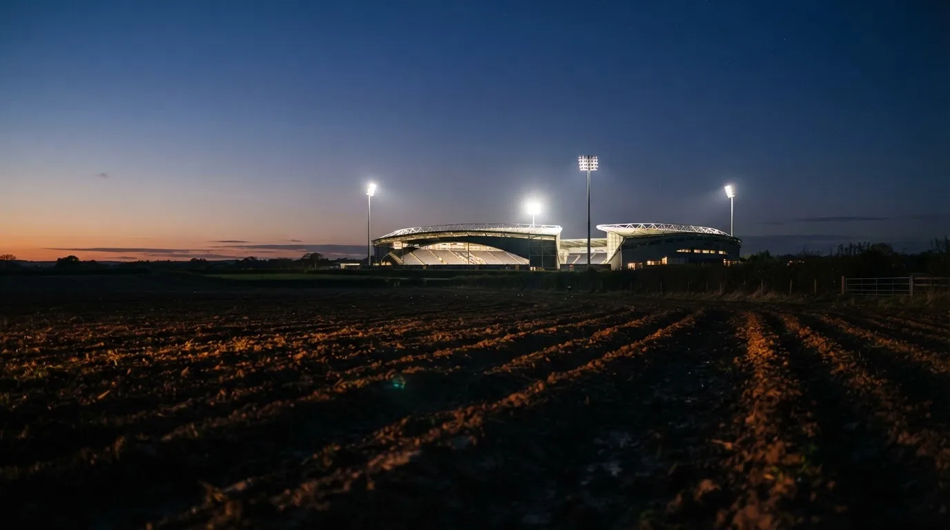 Ein Stadion unter Flutlicht aus großer Entfernung, davor ein dunkler Acker im Abendlicht.