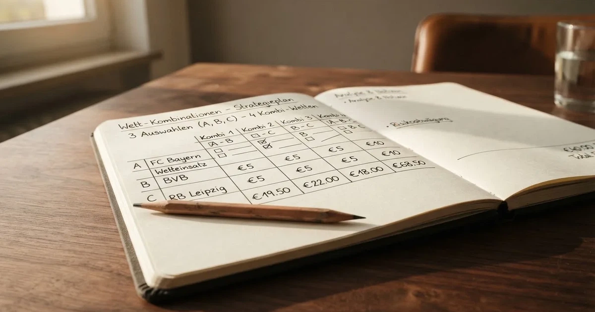 Ein Notizbuch mit handschriftlichen Kästchen und Linien liegt neben einem Bleistift und einem Taschenrechner auf einem Schreibtisch.