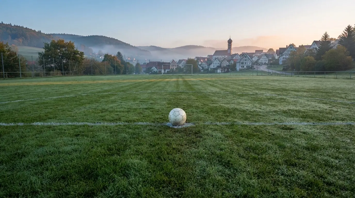 Ein Fußball auf dem Rasen eines leeren Sportplatzes am Rand einer Kleinstadt im Morgenlicht.