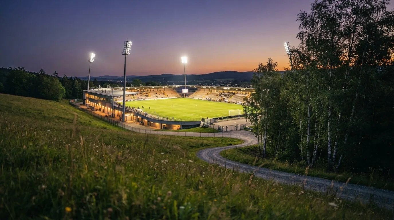Ein Stadion unter Flutlicht, von einer Anhöhe aus gesehen, davor ein stiller Weg in der Dämmerung.