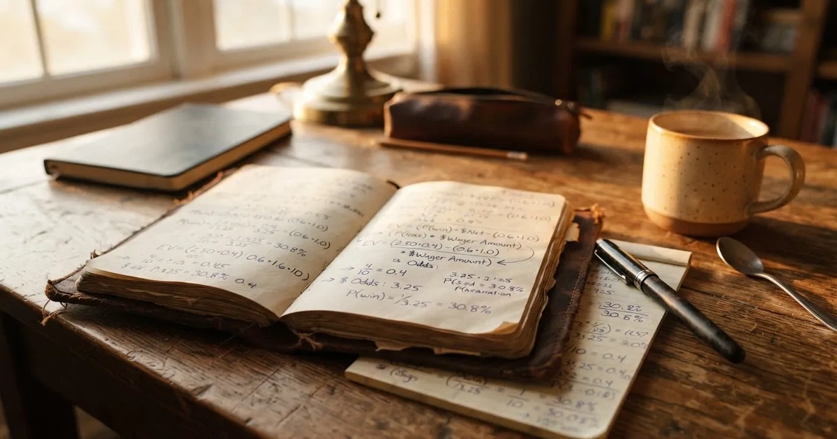 Ein Notizbuch mit handschriftlichen Rechnungen und ein Taschenrechner liegen auf einem Schreibtisch neben einer Tasse Kaffee im Licht des frühen Morgens.
