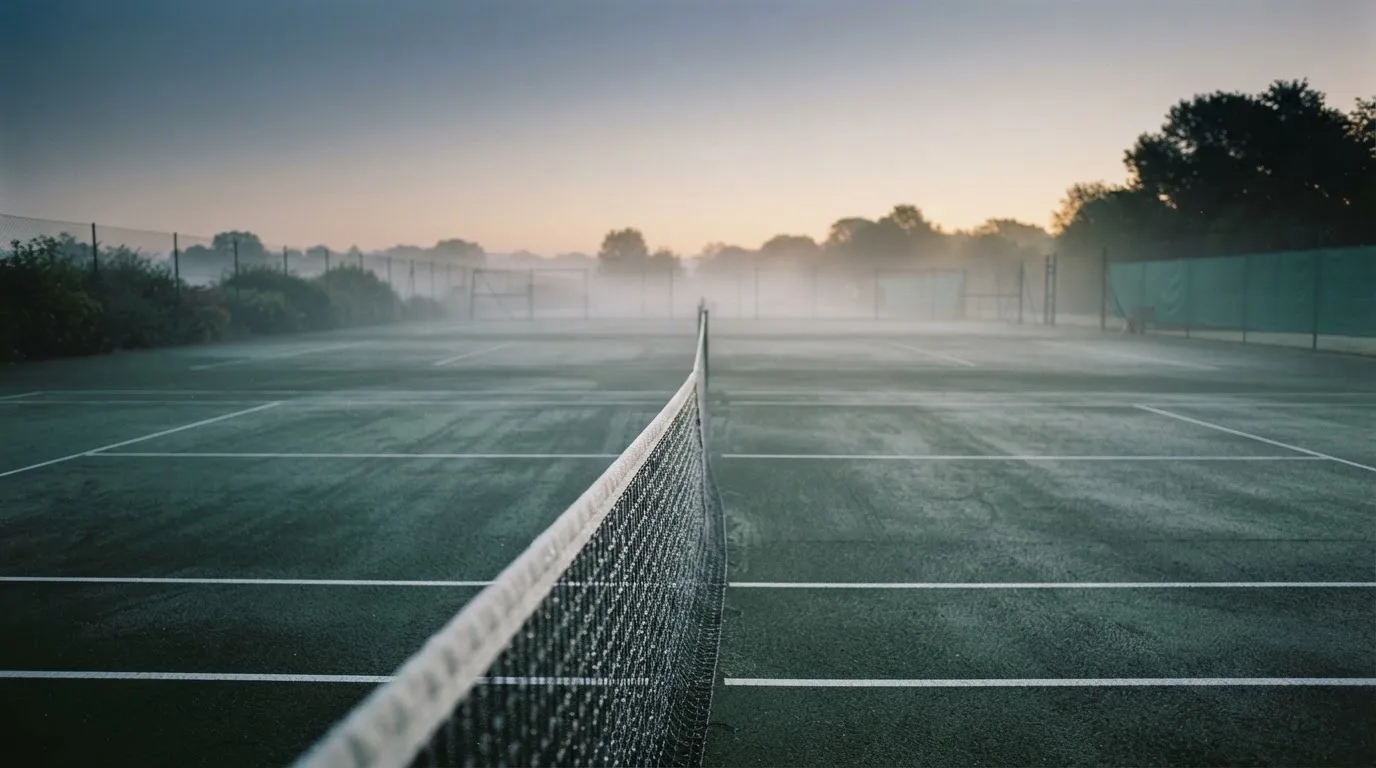 Ein Tennisplatz im Morgengrauen, das Netz und die Linien liegen im Tau, im Hintergrund leichter Nebel und kein Mensch zu sehen.