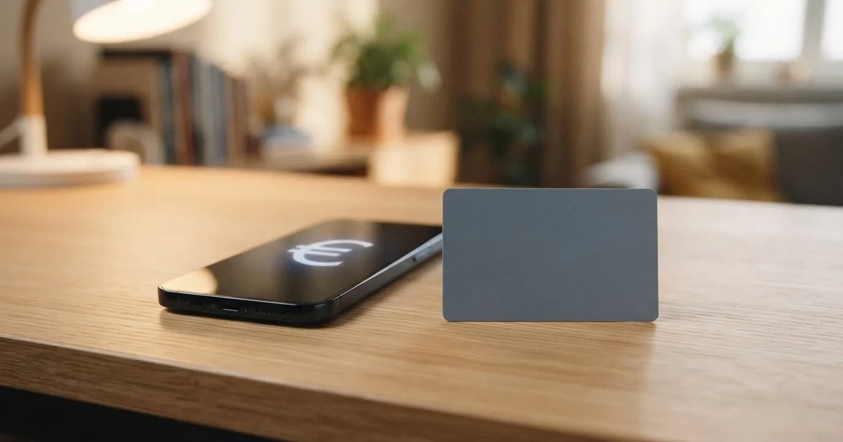 Ein Smartphone mit dunklem Display liegt neben einer schlichten Plastikkarte ohne Aufdruck auf einem hellen Schreibtisch.