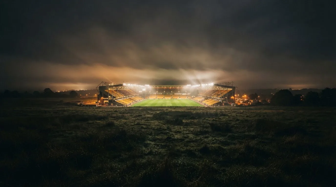 Ein Stadion unter Flutlicht, aus großer Entfernung über eine dunkle Wiese fotografiert, am Himmel zieht Nebel auf.