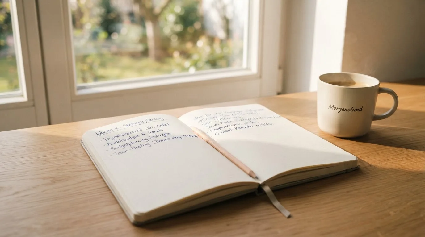 Ein Notizbuch mit handschriftlichen Notizen und ein Bleistift liegen auf einem Schreibtisch am Fenster, draußen fällt Morgenlicht herein.