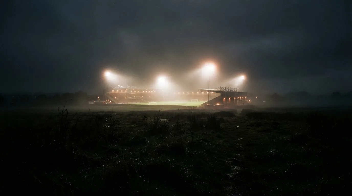 Ein Stadion unter Flutlicht, aus großer Entfernung über eine dunkle Wiese fotografiert, am Himmel zieht Nebel auf.