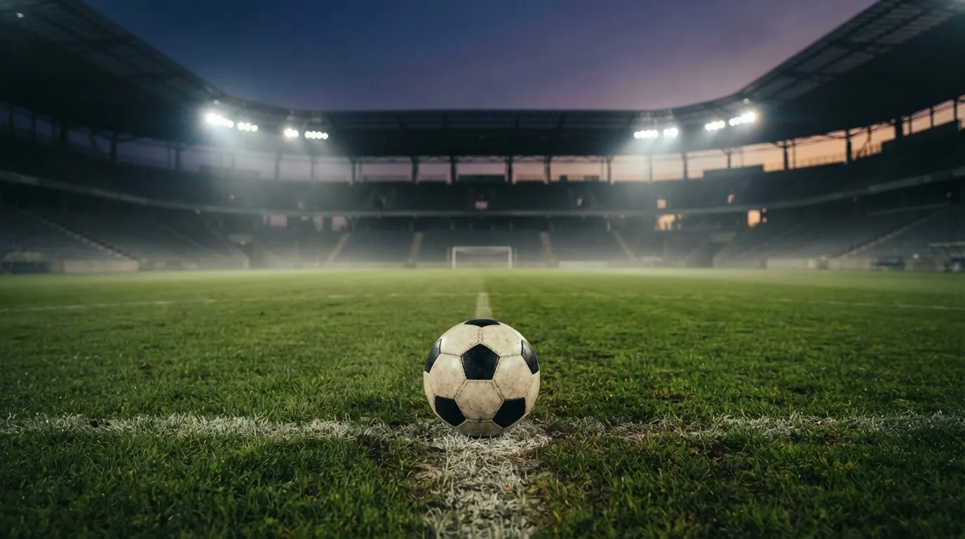 Ein Fußball liegt auf dem Rasen eines leeren Platzes, im Hintergrund ein Stadion unter Flutlicht in der Abenddämmerung.