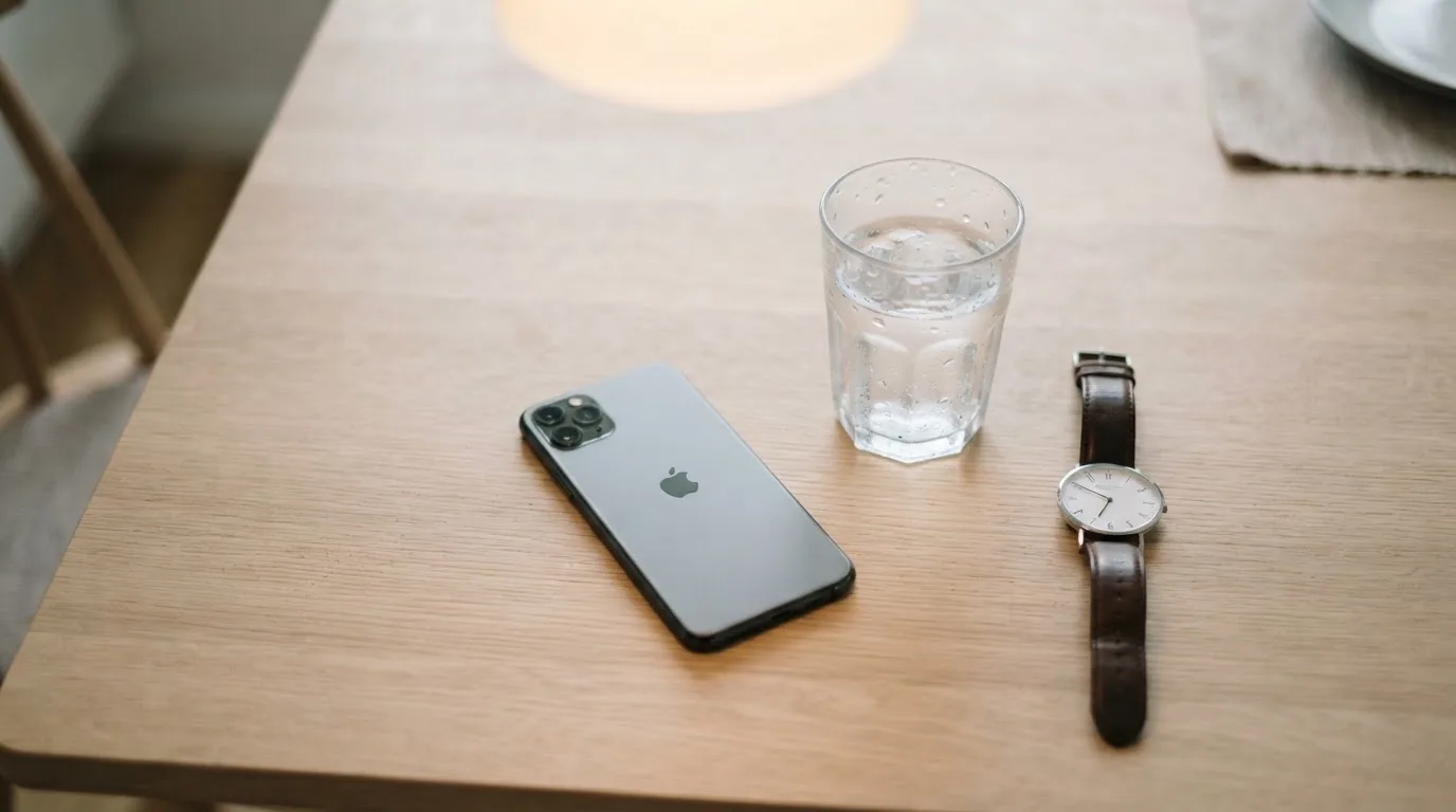 Ein Smartphone liegt mit dem Display nach unten auf einem Küchentisch, daneben stehen ein Glas Wasser und eine Armbanduhr.