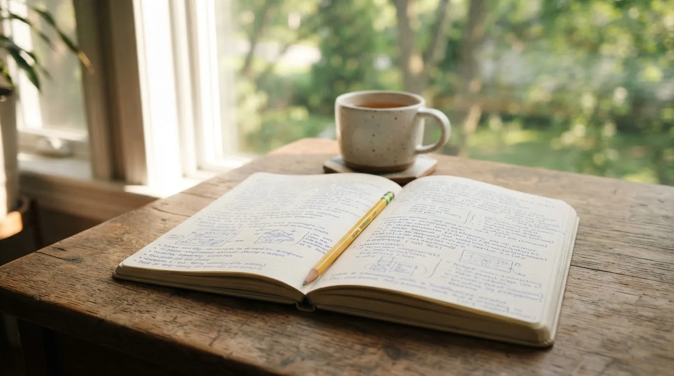 Ein Notizbuch mit handschriftlichen Notizen und ein Bleistift liegen auf einem Schreibtisch am Fenster, draußen fällt Morgenlicht herein.