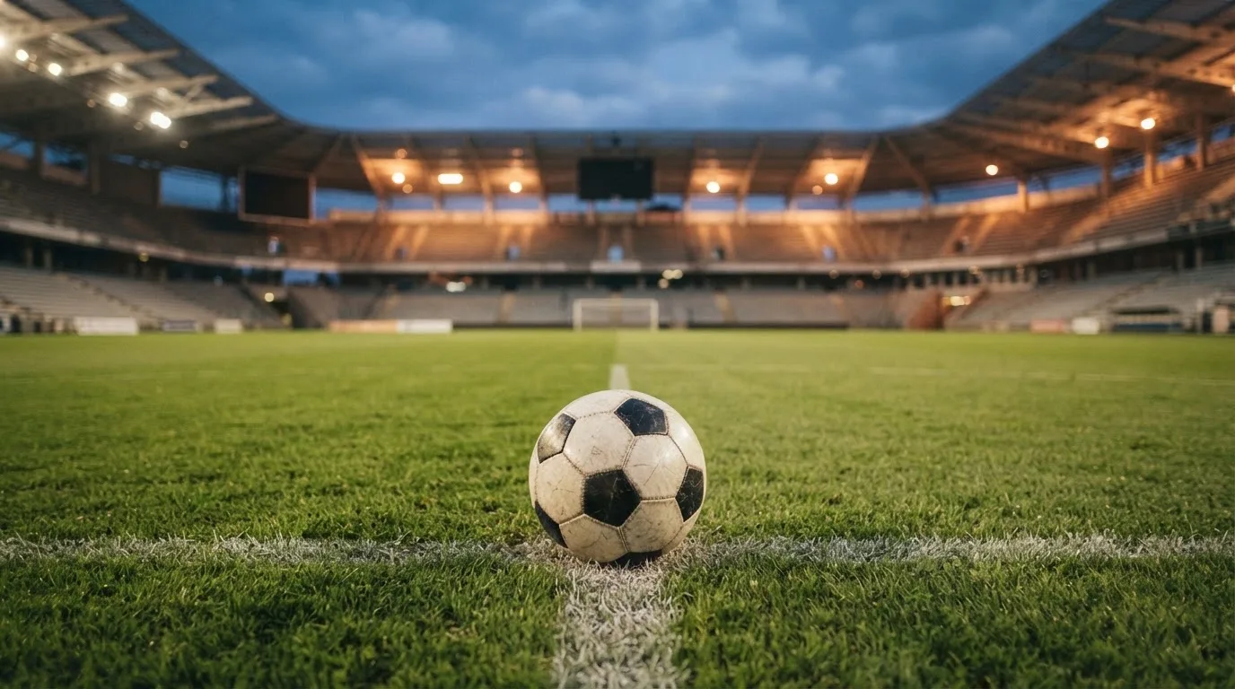 Ein Fußball liegt auf dem Anstoßpunkt eines leeren Rasenplatzes, im Hintergrund steht ein Stadion unter Flutlicht in der Dämmerung.