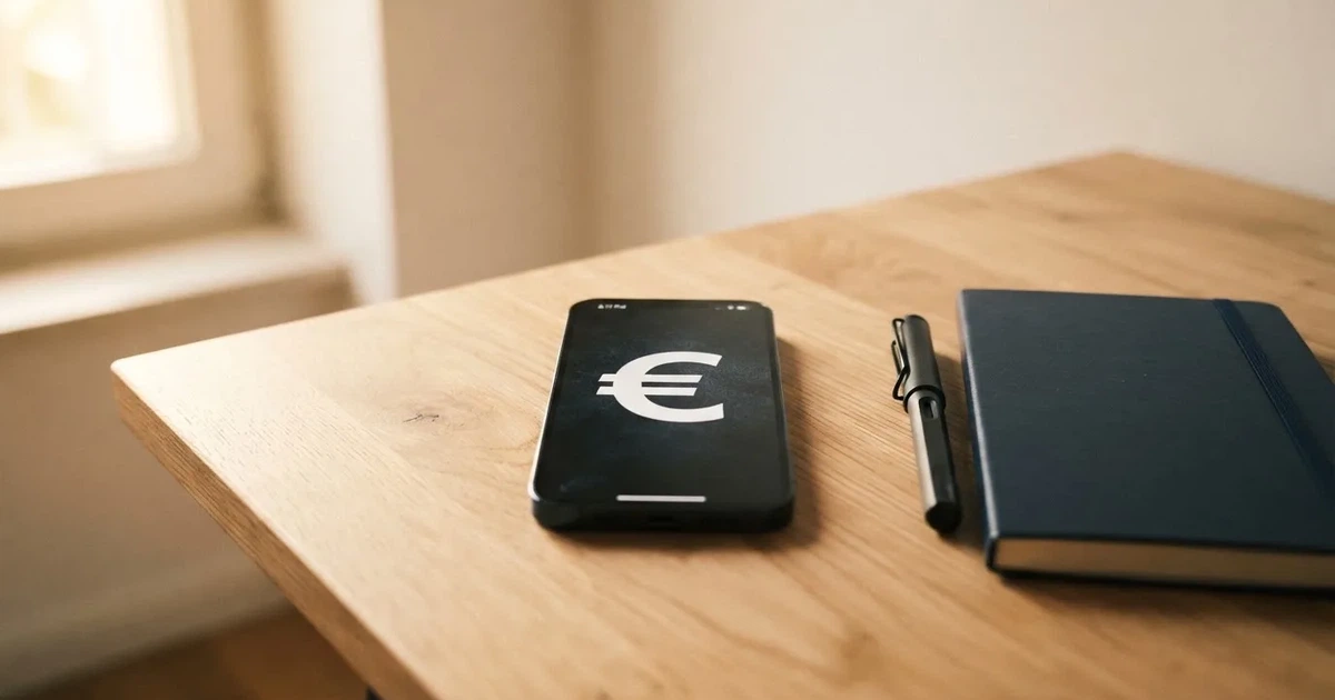 Ein Smartphone liegt neben einem Notizbuch und einem Kugelschreiber auf einem hellen Schreibtisch, das Display ist ausgeschaltet.