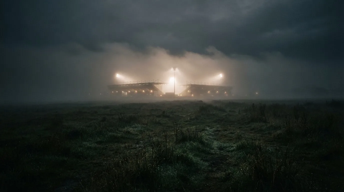 Ein Stadion unter Flutlicht, aus großer Entfernung über eine dunkle Wiese fotografiert, am Himmel zieht Nebel auf.