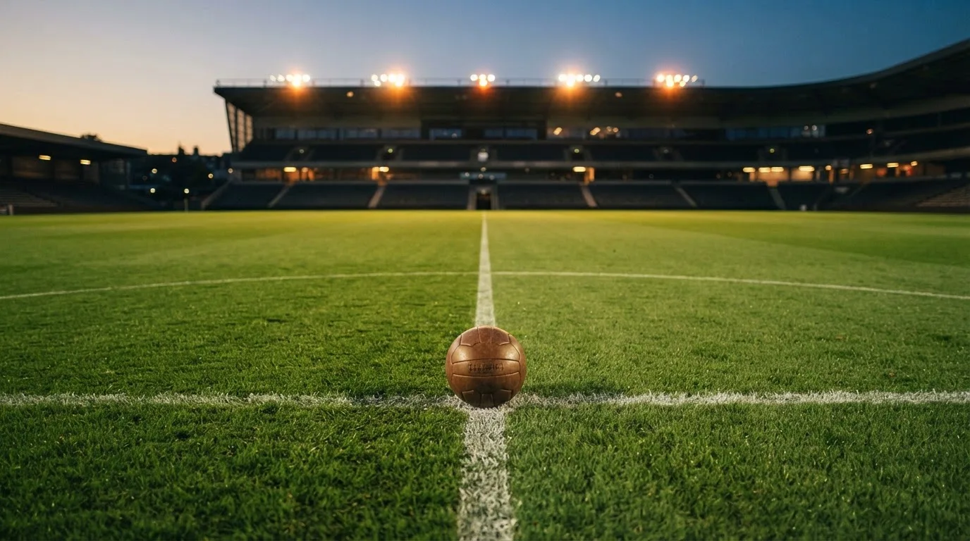 Ein Fußball liegt auf dem Rasen eines leeren Platzes, im Hintergrund ein Stadion unter Flutlicht in der Abenddämmerung.