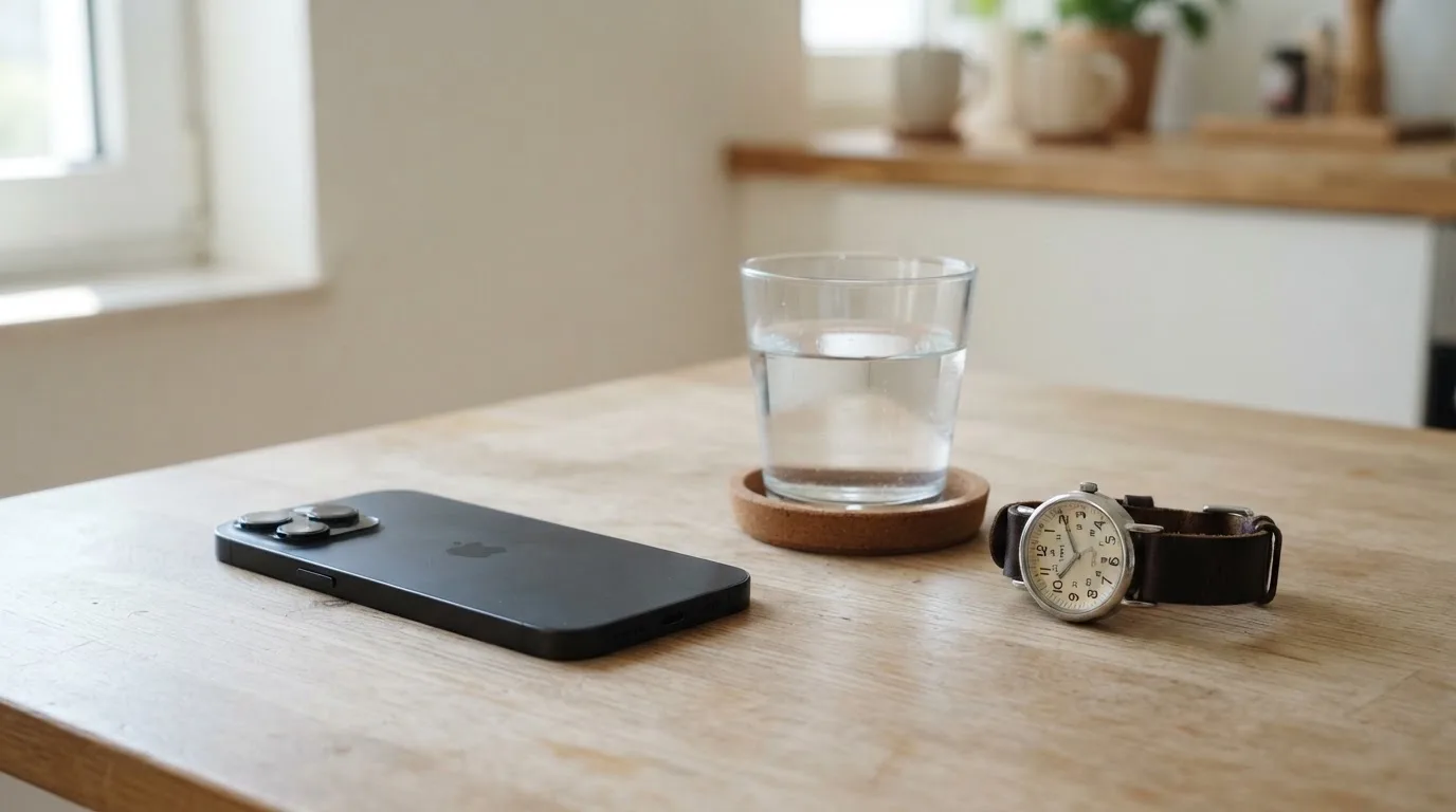 Ein Smartphone liegt mit dem Display nach unten auf einem Küchentisch, daneben stehen ein Glas Wasser und eine Armbanduhr.