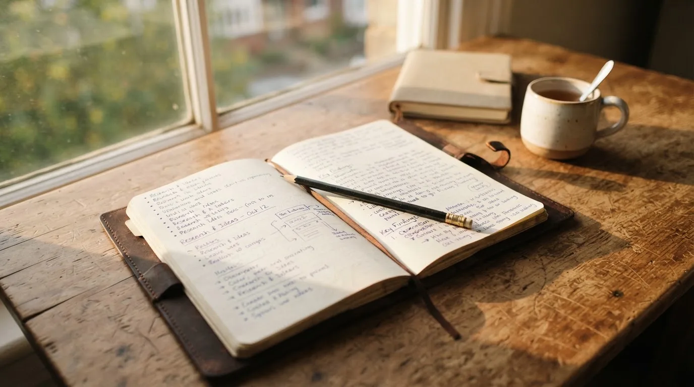 Ein Notizbuch mit handschriftlichen Notizen und ein Bleistift liegen auf einem Schreibtisch am Fenster, draußen fällt Morgenlicht herein.