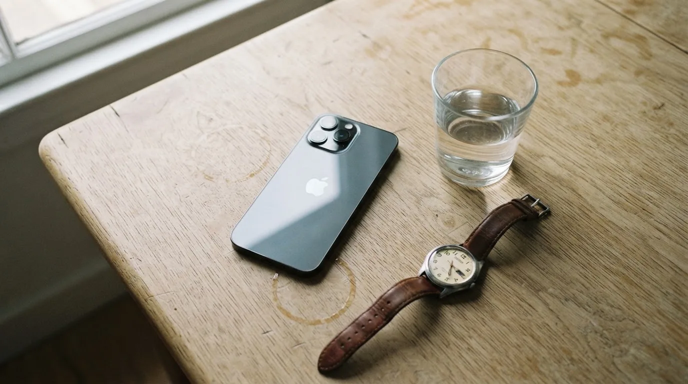 Ein Smartphone liegt mit dem Display nach unten auf einem Küchentisch, daneben stehen ein Glas Wasser und eine Armbanduhr.