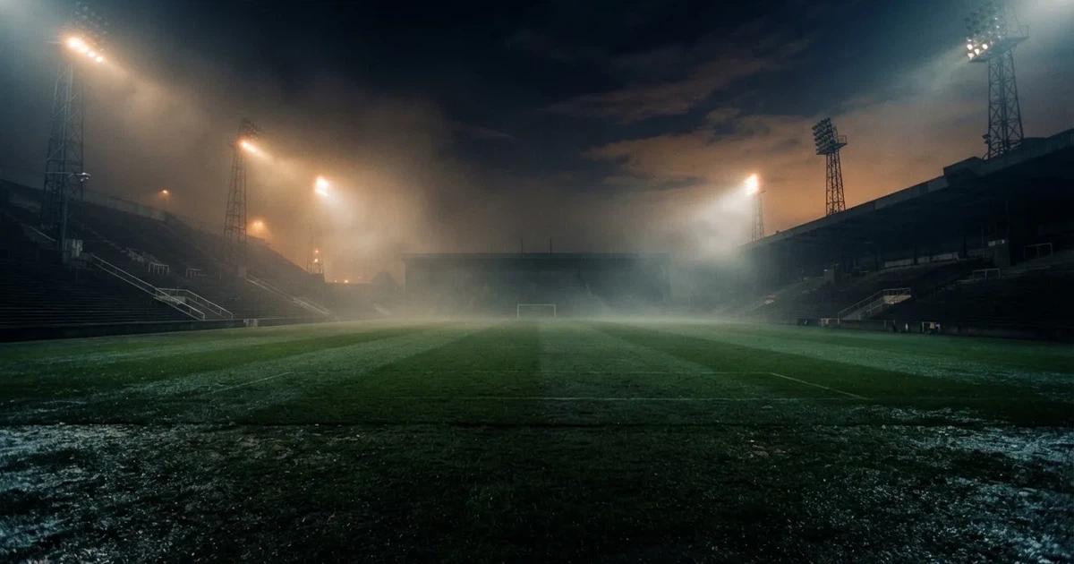 Ein Stadion unter Flutlicht, aus großer Entfernung über eine dunkle Wiese fotografiert, am Himmel zieht Nebel auf.