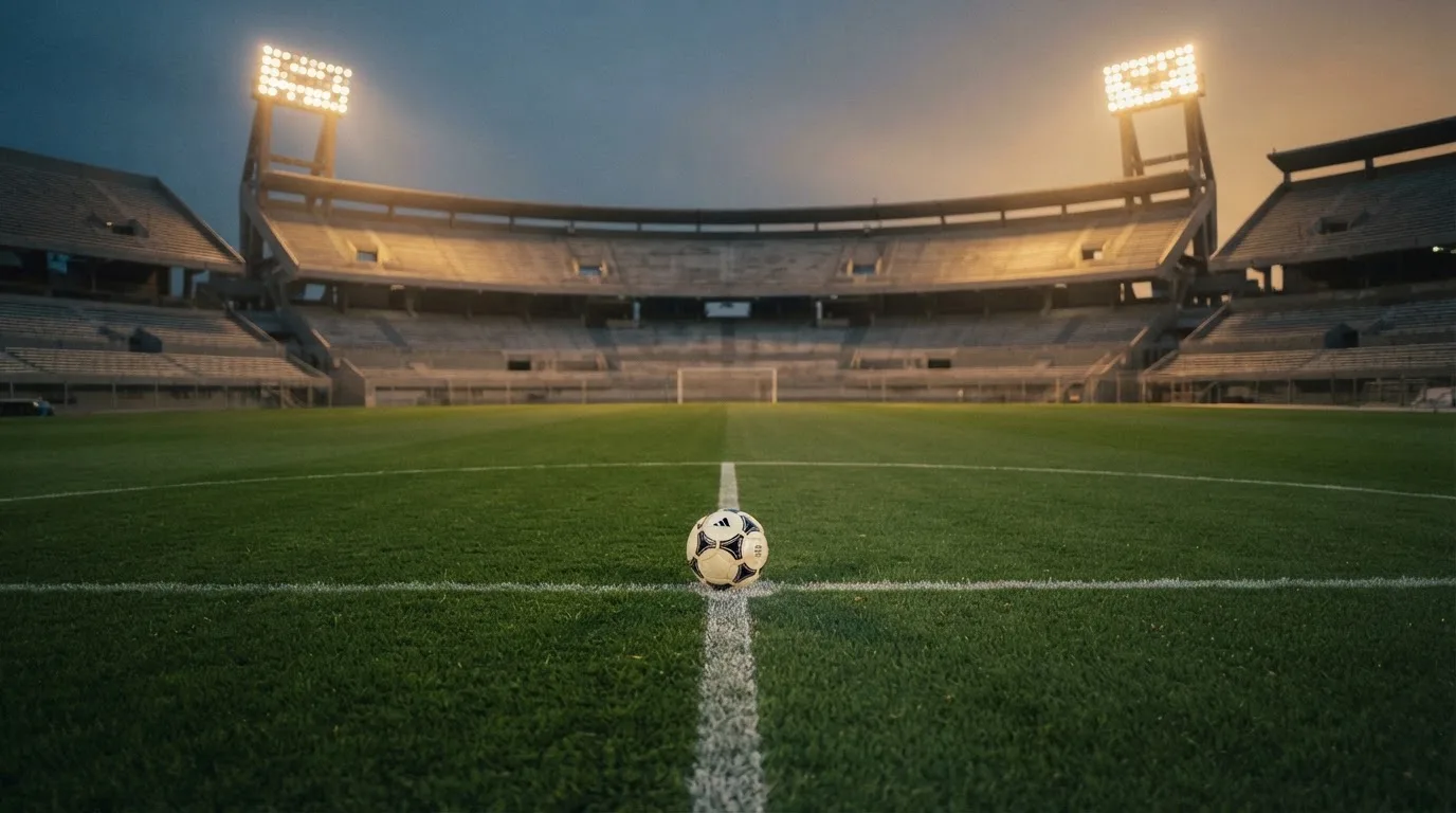 Ein Fußball liegt auf dem Anstoßpunkt eines leeren Rasenplatzes, im Hintergrund steht ein Stadion unter Flutlicht in der Dämmerung.