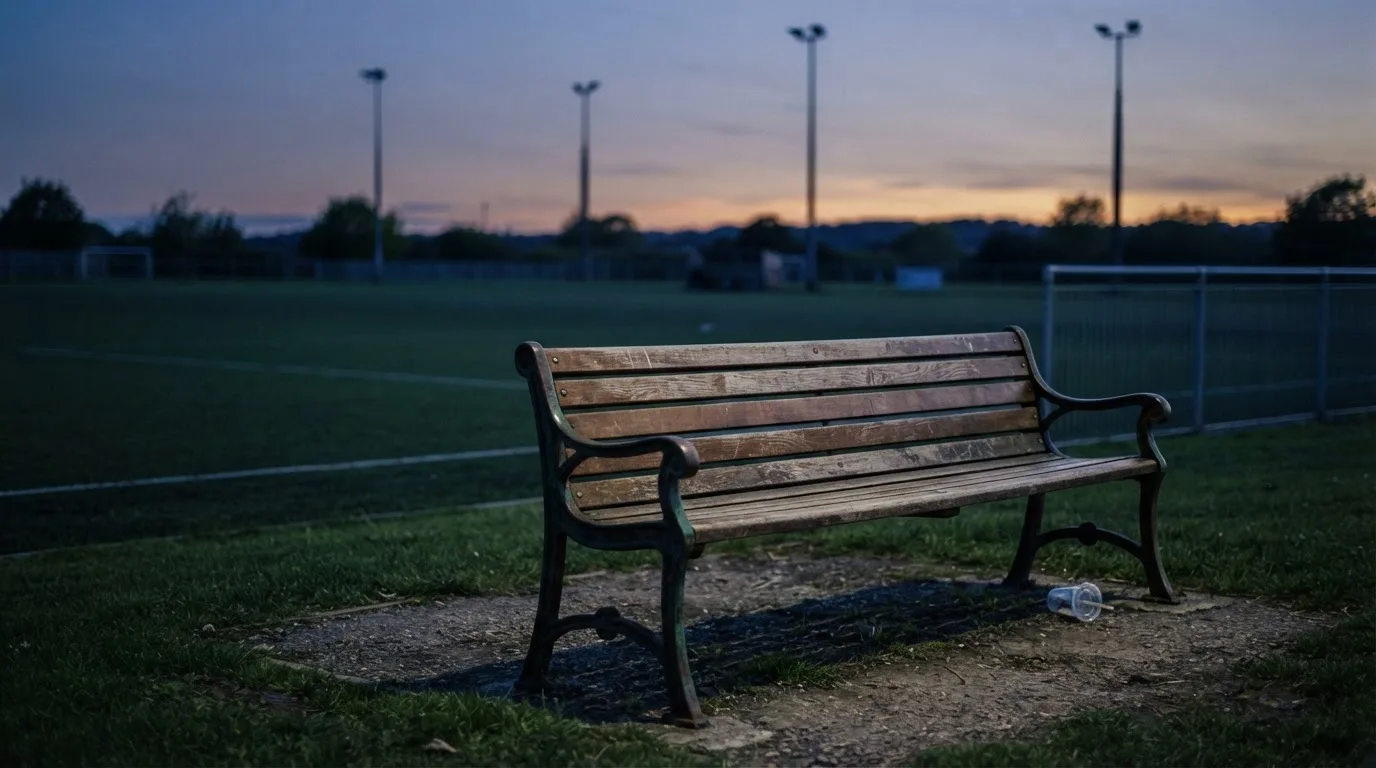 Eine leere Parkbank am Rand eines Fußballfelds in der Abenddämmerung, im Hintergrund ragen dunkle Flutlichtmasten in den Himmel.
