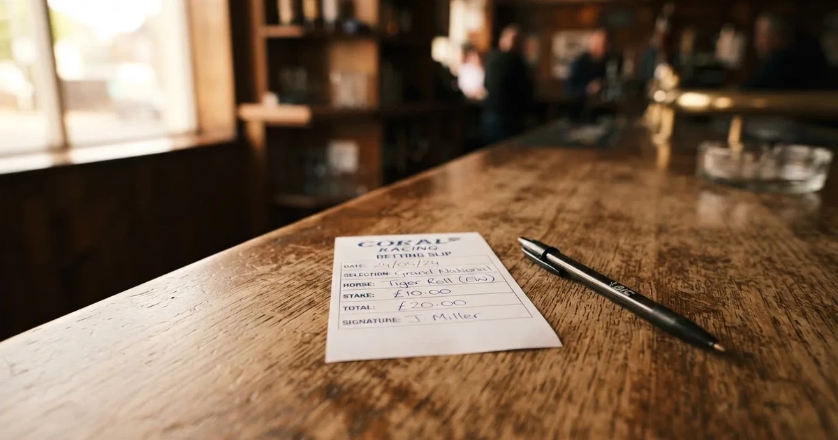 Ein leerer Wettschein aus Papier liegt neben einem Stift auf einer hölzernen Theke, weiches Licht fällt von der Seite ein.