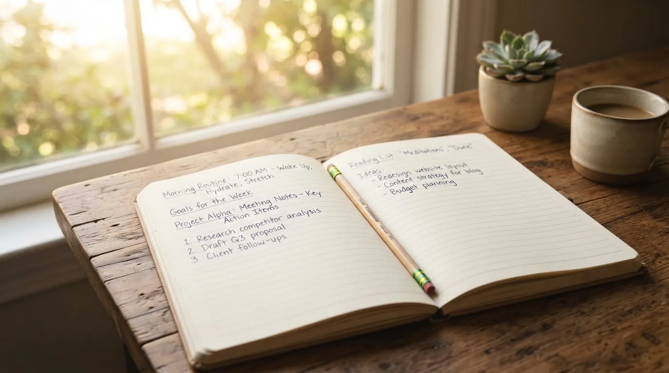 Ein Notizbuch mit handschriftlichen Notizen und ein Bleistift liegen auf einem Schreibtisch am Fenster, draußen fällt Morgenlicht herein.