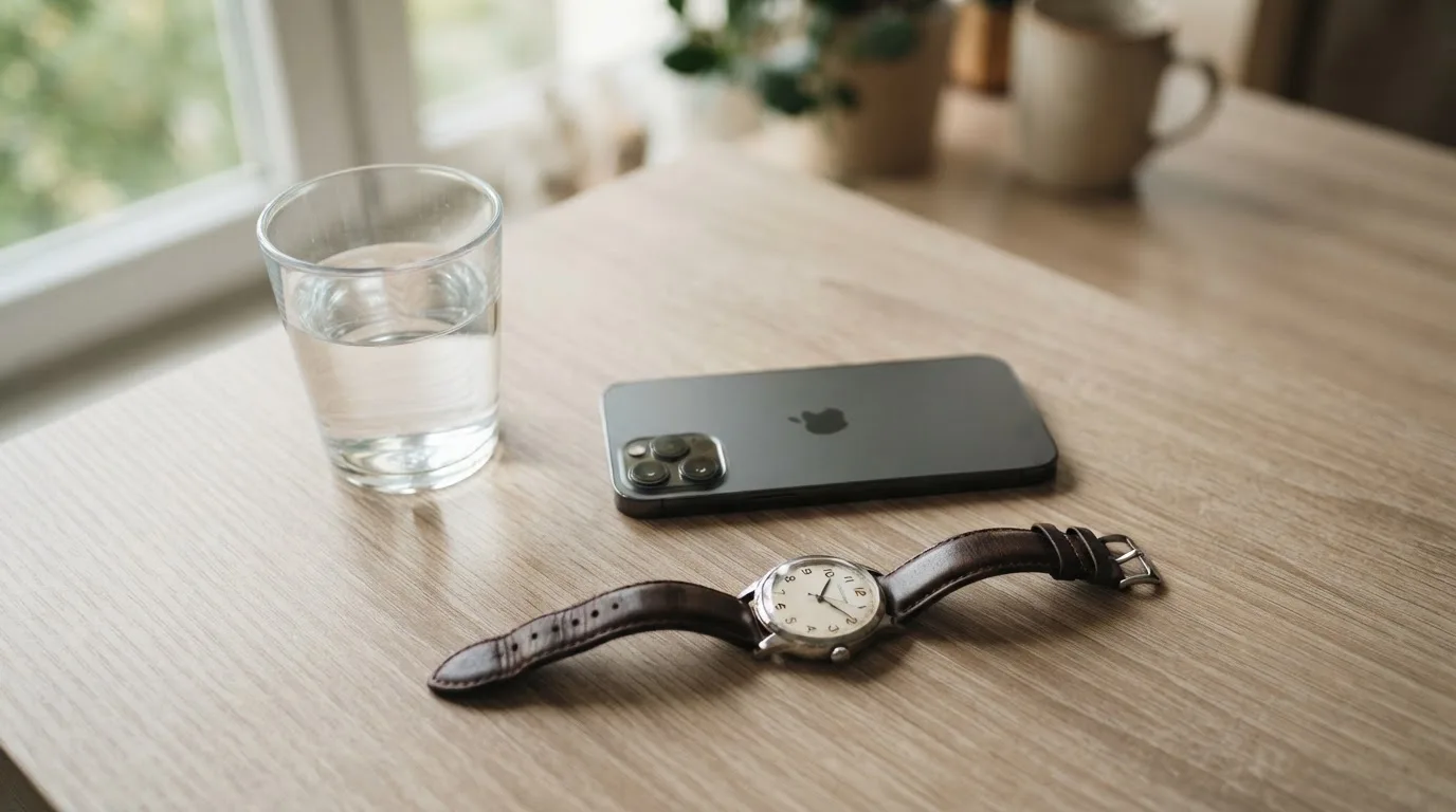 Ein Smartphone liegt mit dem Display nach unten auf einem Küchentisch, daneben stehen ein Glas Wasser und eine Armbanduhr.