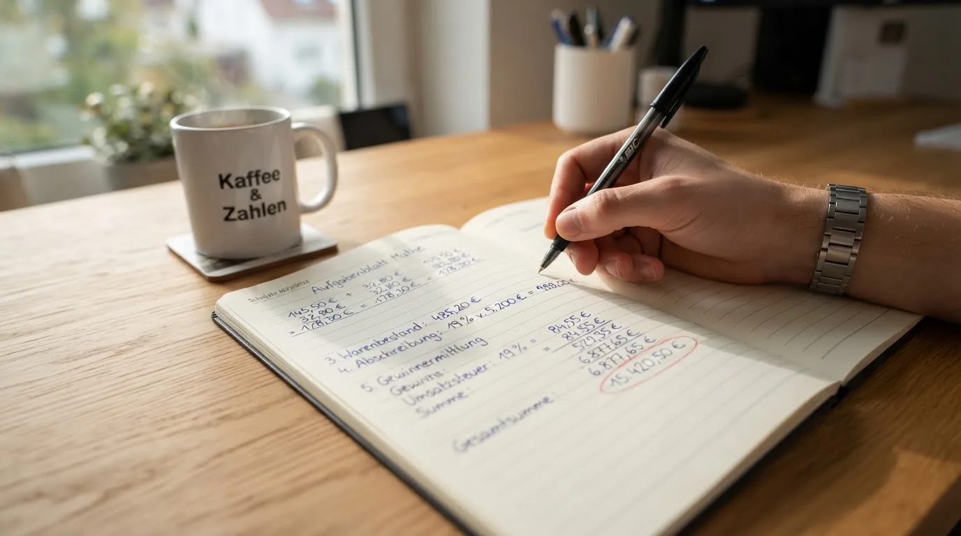 Ein Notizbuch mit handschriftlichen Rechnungen und ein Taschenrechner liegen auf einem Schreibtisch neben einer Tasse Kaffee im Licht des frühen Morgens.